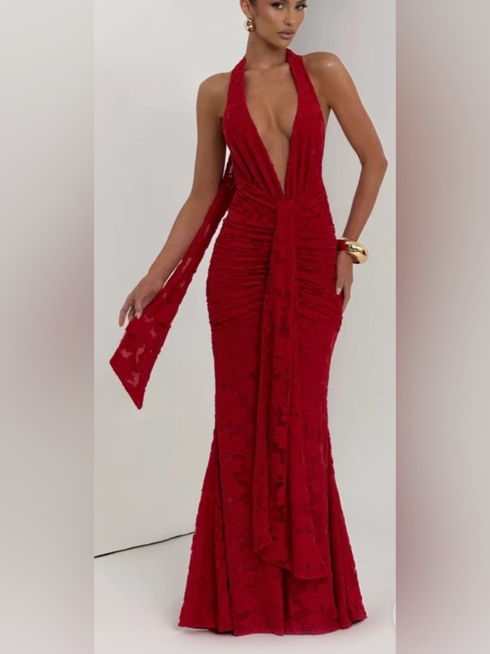 Plunging Halter Red Ruched Evening Gown